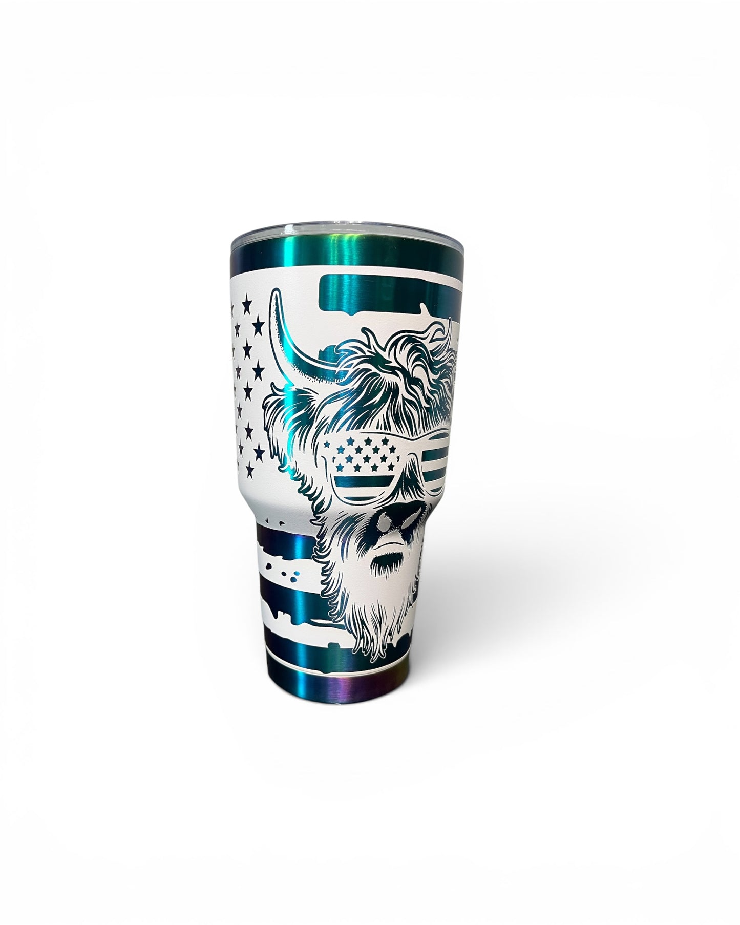 30 oz White Highland Cow w/ flag