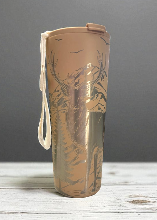 Deer with mountains tan dual flip tumbler