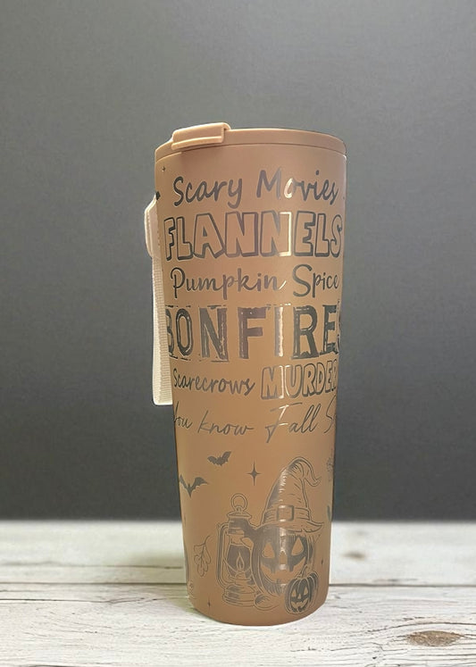 Scary movies, flannels, bonfire tan dual flip tumbler