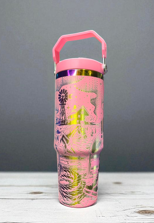 30 oz Western Theme Light Pink to Iridescent