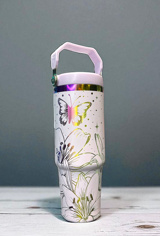 30 oz Flowers and Butterflies Light Purple to Iridescent